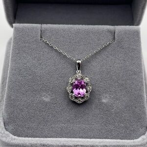 1.25 CT Oval Cut Pink Sapphire and .30 CT Diamond Necklace 925 Sterling Silver